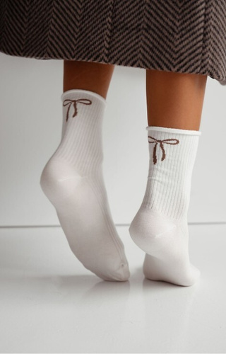 0200-193 Dámske ponožky s mašľou Milena ecru-bavlnené rebrované