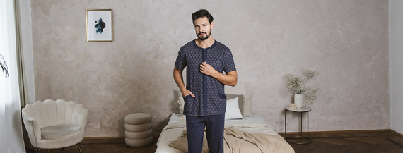 Ricardo Pánske pyžamo s krátkym rukávom, dlhé nohavice Talianska móda - tmavomodrá