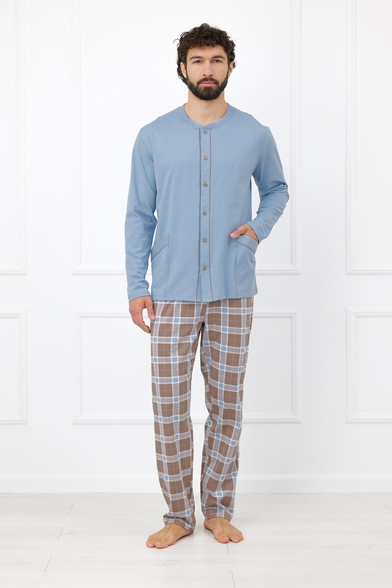 Italian Fashion Wilhelm pánska pyžama 100 % bavlna, gombíky, károvaná - cappuccino