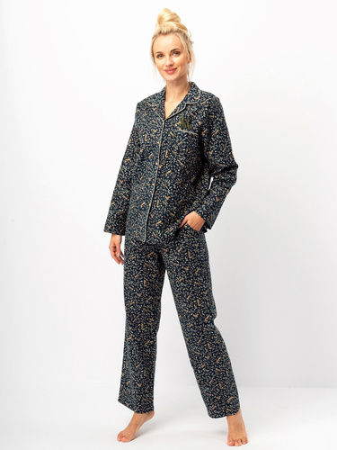 Dámske pyžamo Key LNS 706 navy blue - bavlnený flanel, dlhý rukáv, gombíky
