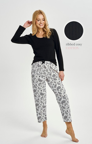 3454 Taro dámske bavlnené pyžamo čierne - dlhý rukáv, vzorované nohavice