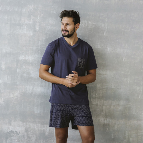 Diaz Pánske pyžamo s krátkym rukávom, šortky Italian Fashion - námornícka modrá/potlač