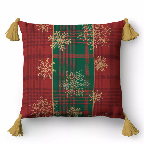 5382 Vianočná dekoratívna obliečka na vankúš Christmas Deco Detexpol check červená a zelená so zlatými snehovými vločkami - zips