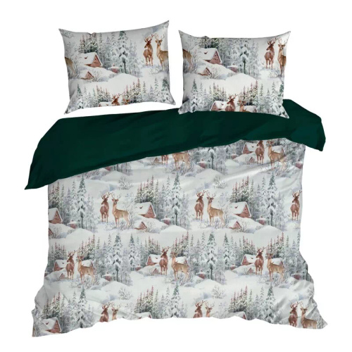 Vianočná posteľná bielizeň Fairyland zo zelenej zimnej krajiny z mikrovlákna Eurofirany - mäkká, ľahká a ľahko udržiavateľná, so zapínaním na zips