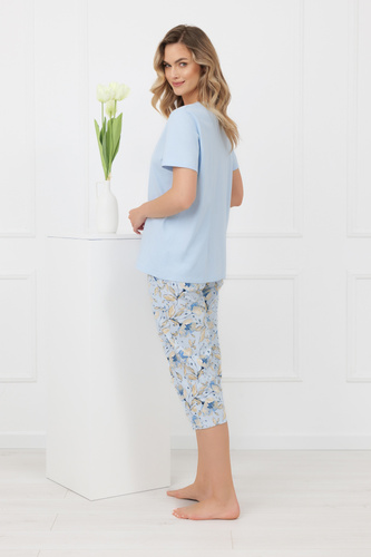 Dámske pyžamo Celozja, 100% bavlna, krátke rukávy, 3/4 nohavice, kvetinový vzor, mašľa