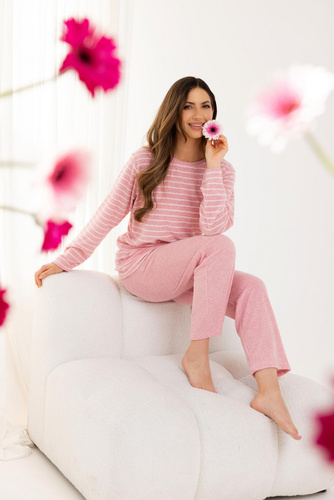 713 Dámske pyžamo Regina pink - teplé froté, pruhy, dlhý rukáv