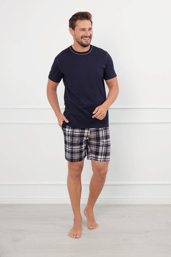 Edwin Pánske pyžamo s krátkym rukávom, šortky Talianska móda - námornícka modrá/potlač