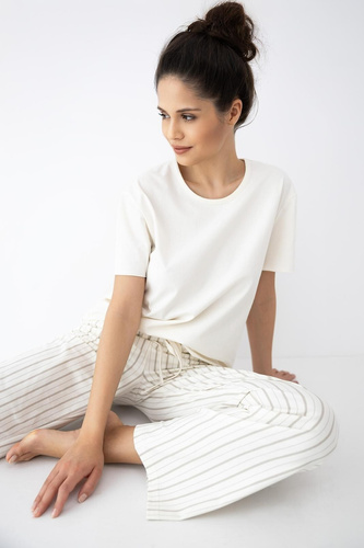 Dámske pyžamo Soleil Sensis ecru-béžové, bavlna, krátky rukáv, dlhé nohavice