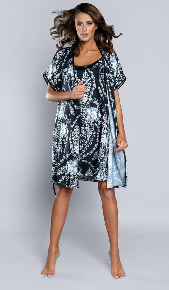 Strieborný dámsky župan s krátkymi rukávmi Saténová talianska móda - tmavomodrá