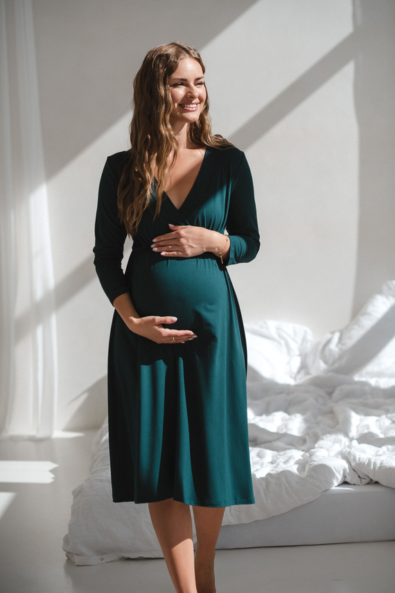 Hviezdna ľahká tehotenská a dojčiaca bambusová nočná košeľa 7/8 Milk&Love fľaša zelená - priedušná, pre nemocnice, pohodlné dojčenie