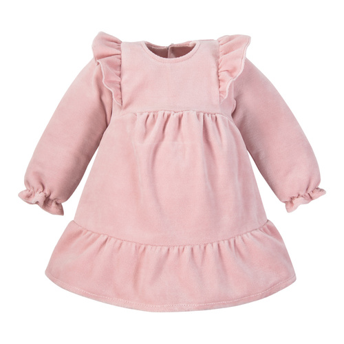 Fluffy Tails Eevi velúrové šaty - ružové, s volánmi na ramenách