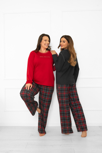 Talianska móda dámske pyžamo tmavá melanžová bavlna, dlhý rukáv a nohavice, kockované