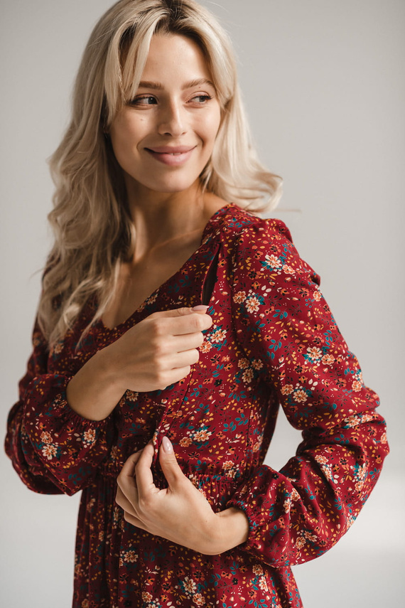 Krásne šaty Midi materské a dojčiace šaty od Milk&Love - bordové kvetinové, dlhý rukáv