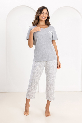 Dámske pyžamo Regina 729 z bavlny, krátky rukáv, nohavice 7/8 sivý melír