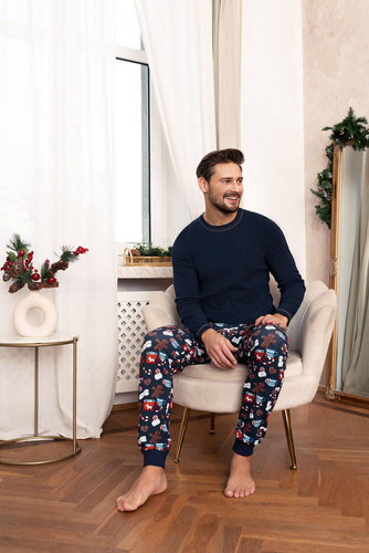 Rojas Pánske pyžamo s dlhým rukávom, dlhé nohavice Talianska móda - tmavomodrá/potlač