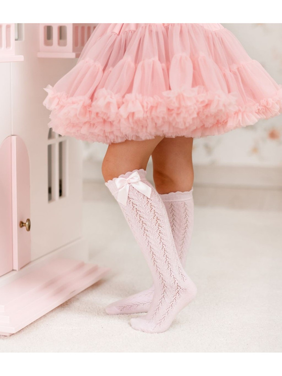 1382 Detské ažurové podkolienky s mašľou - bavlna Milena, Powder Pink