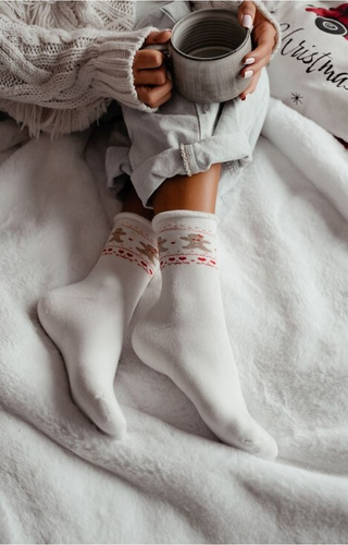 0118-013 Ponožky Milena ecru-Vianočné froté, bavlnené, teplé