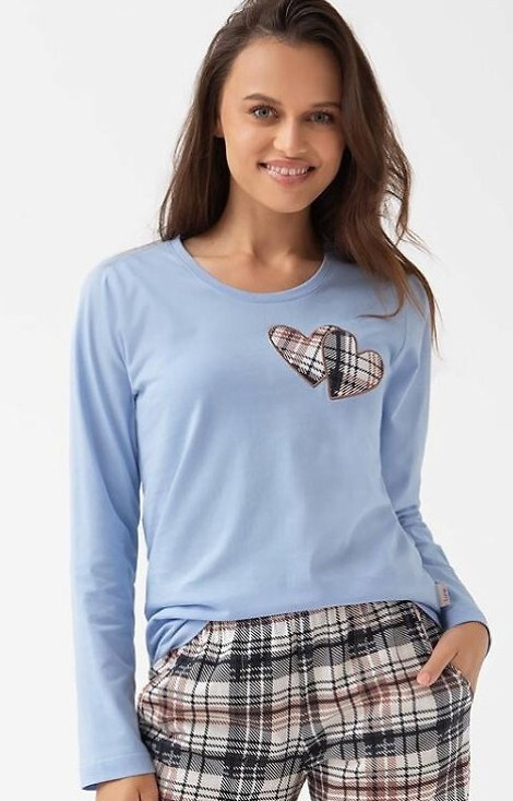322 Luna modrá - dámske bavlnené pyžamo, srdiečka, dlhý rukáv, károvaná nohavica