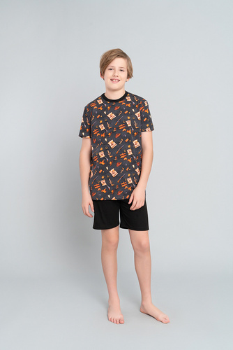 Westernové chlapčenské pyžamo s krátkym rukávom, nohavice Italian Fashion- graphite/black