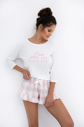 Emily Sensis - Dámske bavlnené pyžamo | 3/4 tričko a kárované šortky s volánmi