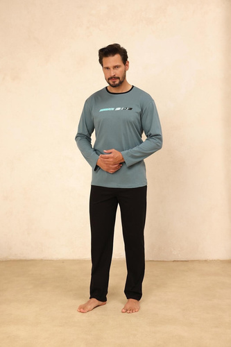 Regina 494 zelená - pánske bavlnené pyžamo s dlhým rukávom, klasický strih