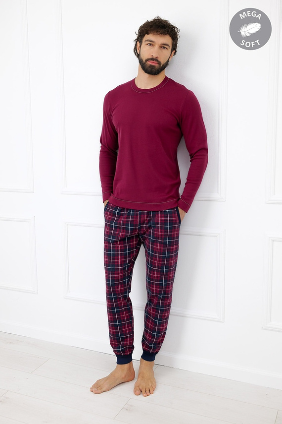 Italian Fashion Brajan pánske pyžamo Mega Soft dlhé nohavice kockované - bordové
