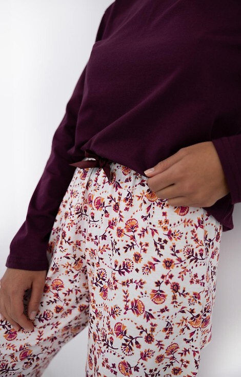 Dámske pyžamo Heidi Sensis - 100% bavlna, bordová košeľa, kvetinové nohavice