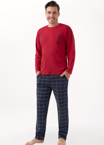 Pánske pyžamo 810 Luna bordová - bavlna, dlhý rukáv, nohavice s vreckami