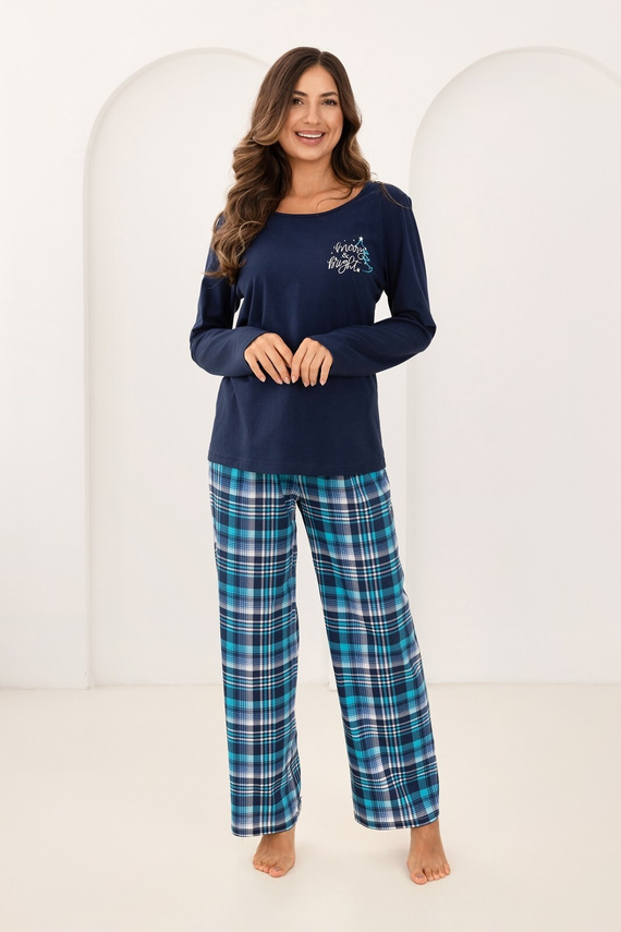 Dámske pyžamo Regina 743 námornícka modrá - bavlna, dĺžka. rukávy, potlač, kockované nohavice