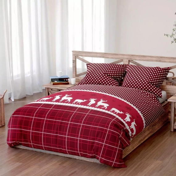 1A Vianočné bavlnené posteľné prádlo Spod Igły i Nitki - červený károvaný hrášok, sada na zips, 100% bavlna