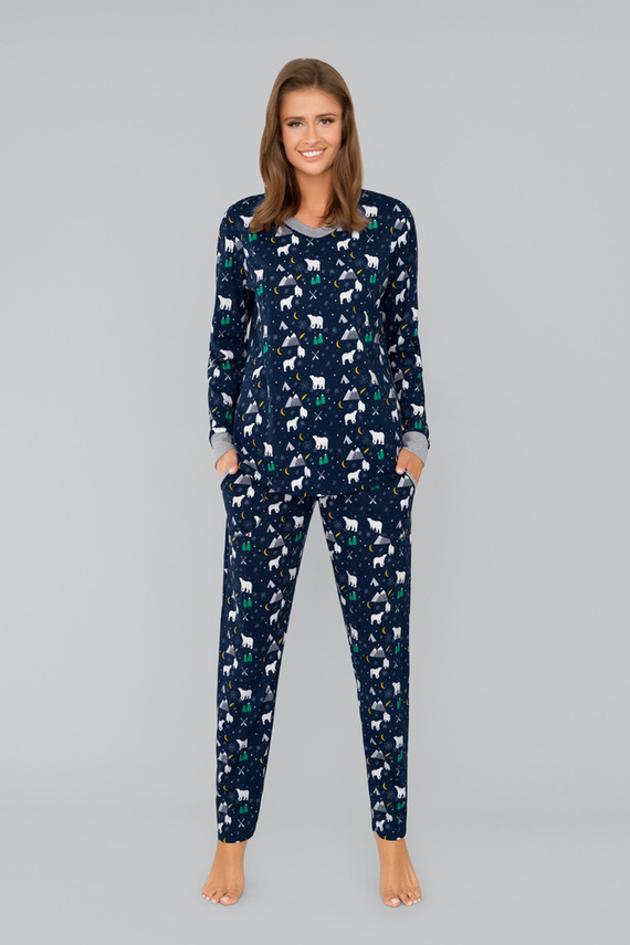 Ava Dámske pyžamo s dlhými rukávmi a nohavicami Italian Fashion - tmavomodrá potlač