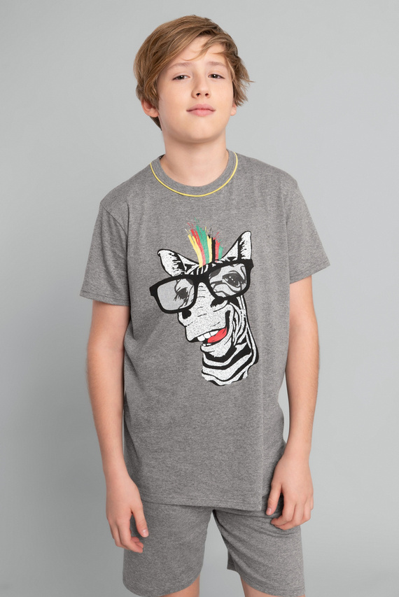 Chlapčenské pyžamo s krátkym rukávom Crazy Boys, nohavice Italian Fashion- medium melange