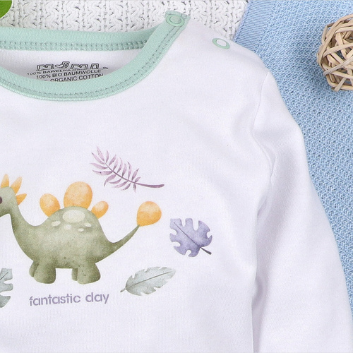 ABN-5565 Dino Explorer Body z organickej bavlny Nini white- organická bavlna, dlhý rukáv