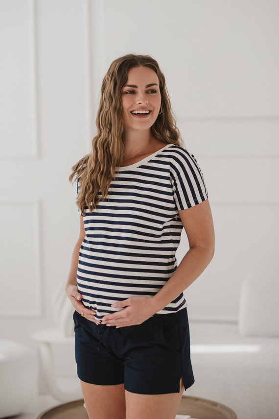 Blúzka na dva spôsoby tehotenstva a dojčenia | Krátky rukáv, pohodlné tmavo modré a biele pruhy Milk&Love