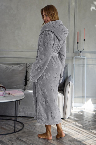 L&L Maya 2631 Dámsky dlhý župan s kapucňou, mäkký s reliéfom - sivý