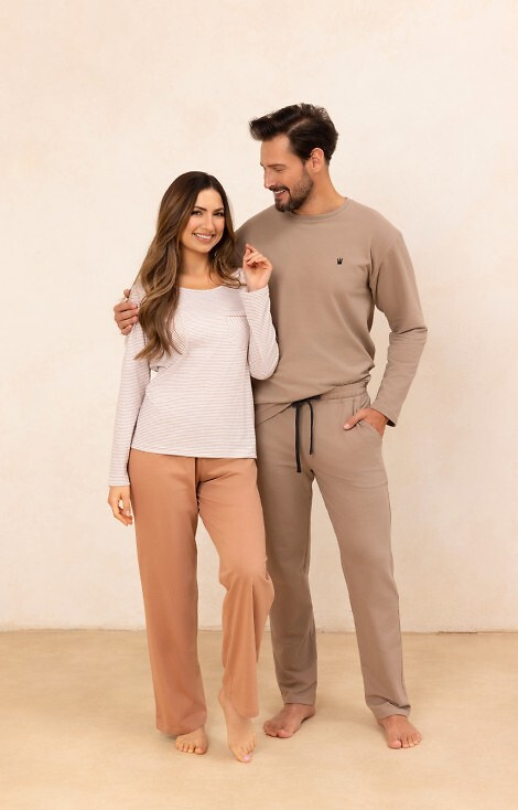 715 Dámske pyžamo Regina béžová - bavlna, pruhované tričko s vreckom