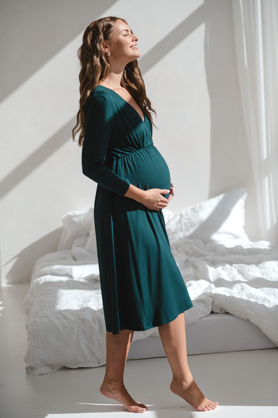 Hviezdna ľahká tehotenská a dojčiaca bambusová nočná košeľa 7/8 Milk&Love fľaša zelená - priedušná, pre nemocnice, pohodlné dojčenie