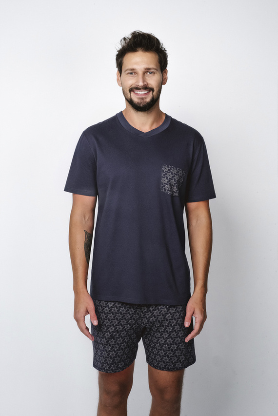 Diaz Pánske pyžamo s krátkym rukávom, šortky Italian Fashion - námornícka modrá/potlač