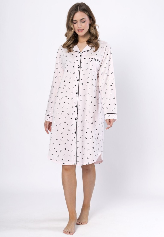 Nočná košeľa Laveza Angela 1619 - svetloružová, bavlna, dlhý rukáv, zapínanie na gombíky