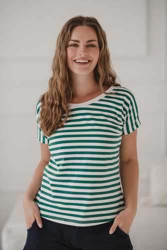 Blúzka pre tehotné a dojčiace ženy na dva spôsoby | Pohodlná blúzka s krátkym rukávom Milk&Love so zelenými a bielymi pruhmi
