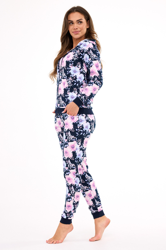 355/464 Dámske pyžamo Maddie Cornette - námornícka modrá 3-dielne s blúzkou s kvetmi a mikinou s kapucňou