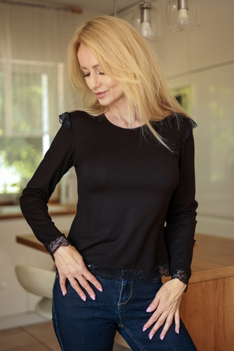 Mirale Ivy Dámska viskózová blúzka s čipkou Elegantná s dlhým rukávom - čierna