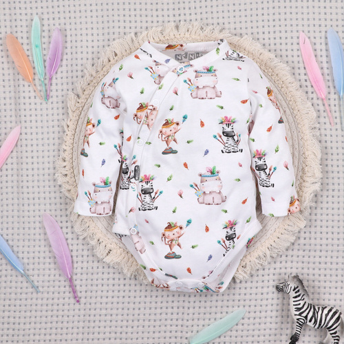 ABN-5531 Nini Happy Animals obálkové body z organickej bavlny pre dojčatá - bezniklové zapínanie, 100% bezpečnosť