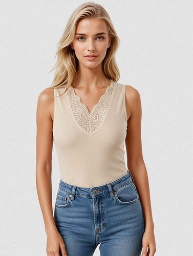 Dámsky top Ovena Eldar z viskózy s rebrovaním a čipkovým V výstrihom