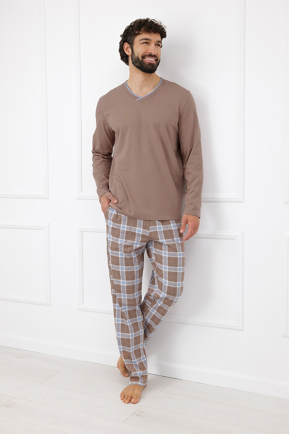 Italian Fashion Dante pánska bavlnená dlhá pyžama nohavice káro - cappuccino