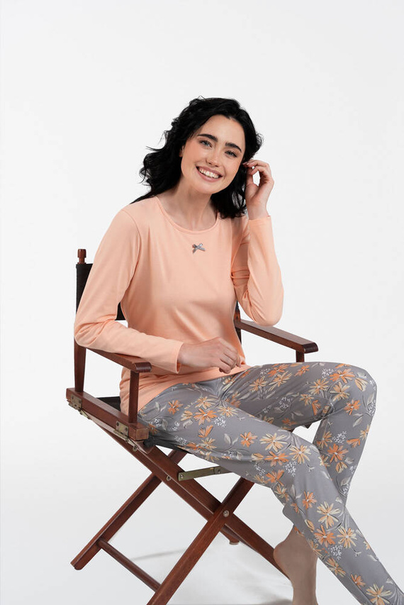 Kasali Dámske pyžamo a nohavice s dlhým rukávom Italian Fashion - lososová/potlač