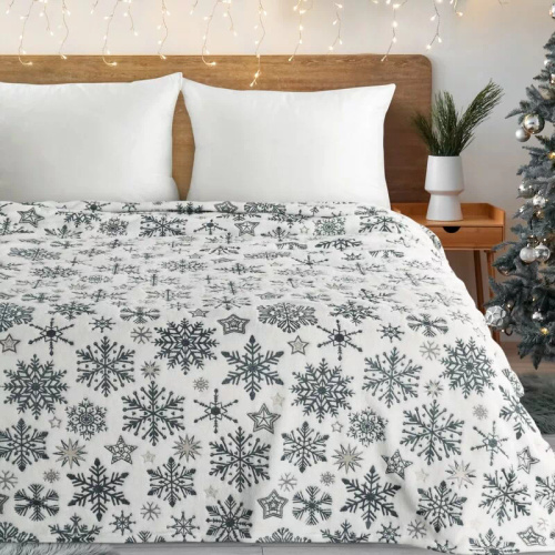Eurofirany Vianočná prikrývka biela námornícka modrá snehové vločky - mäkký prehoz z mikrovlákna, 240 g/m²
