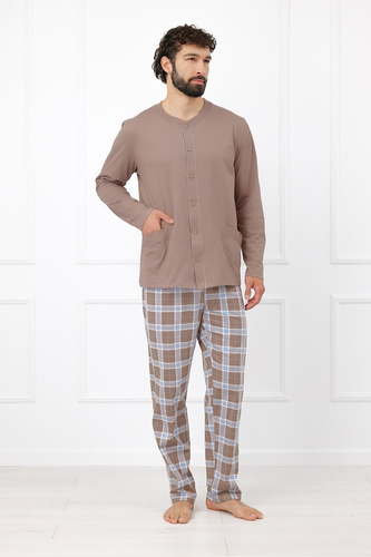 Italian Fashion Wilhelm pánska pyžama 100 % bavlna, gombíky, károvaná - cappuccino