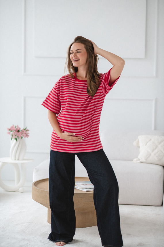 Mamahood Tričko pre tehotenstvo a dojčenie Milk&Love červeno-ružové pruhy - pohodlné a štýlové