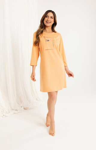 166 Dámske marhuľové bavlnené tričko - 3/4 rukáv, potlač, dĺžka po kolená